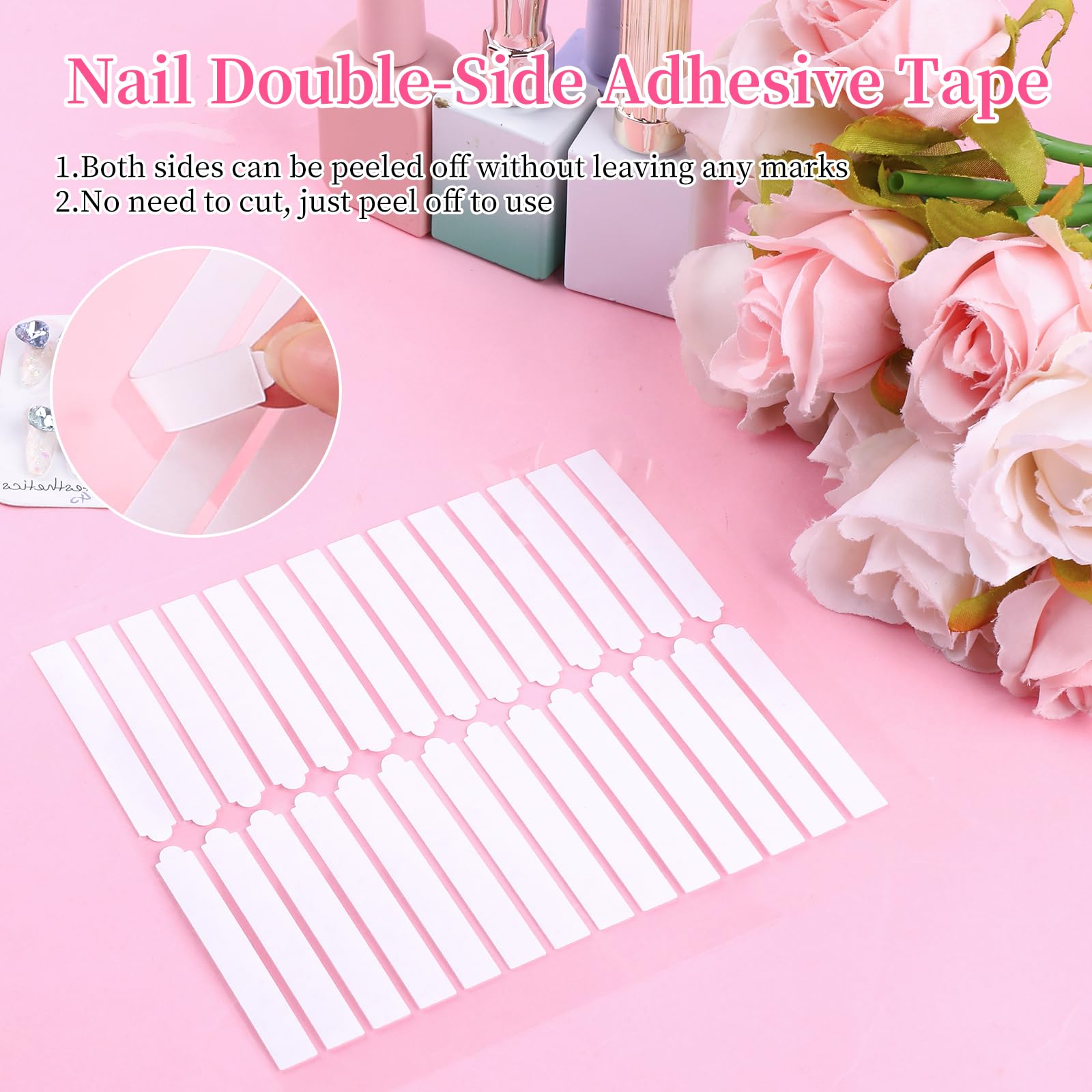 Premium clear double sided adhesive strips for salon presentation boards and artificial manicure display layouts.