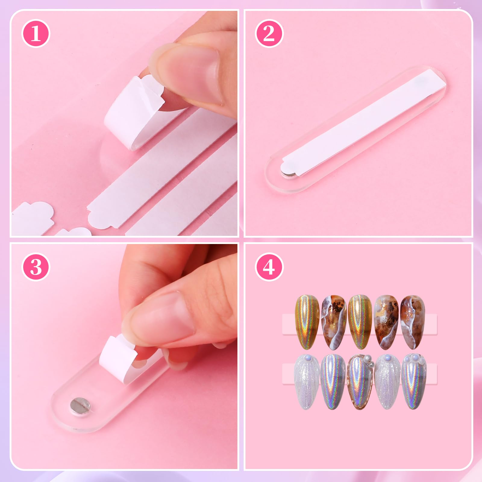 Strong sticky dual sided nail display film showing easy peel backing for quick salon workstation access.