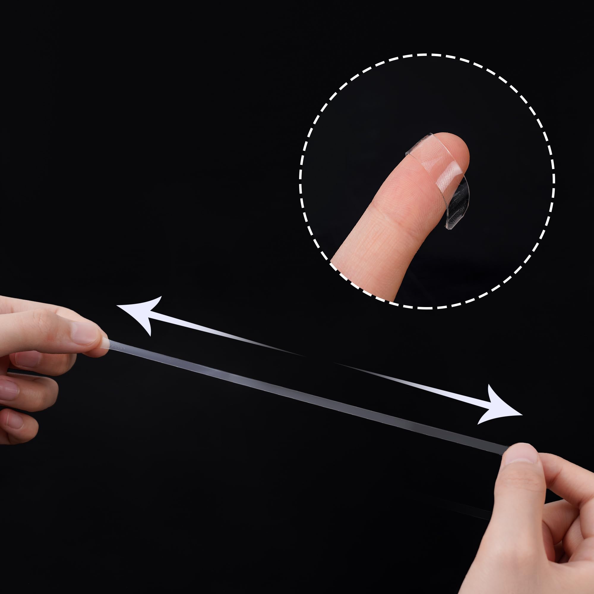 Close up of false nail tips secured tightly onto a clear mounting tape strip.