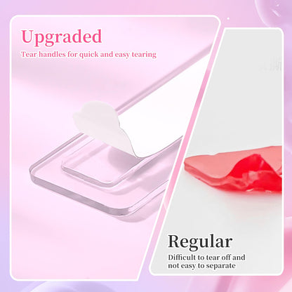 Secure clear mounting strips holding various customized artificial nail designs firmly on a display card.