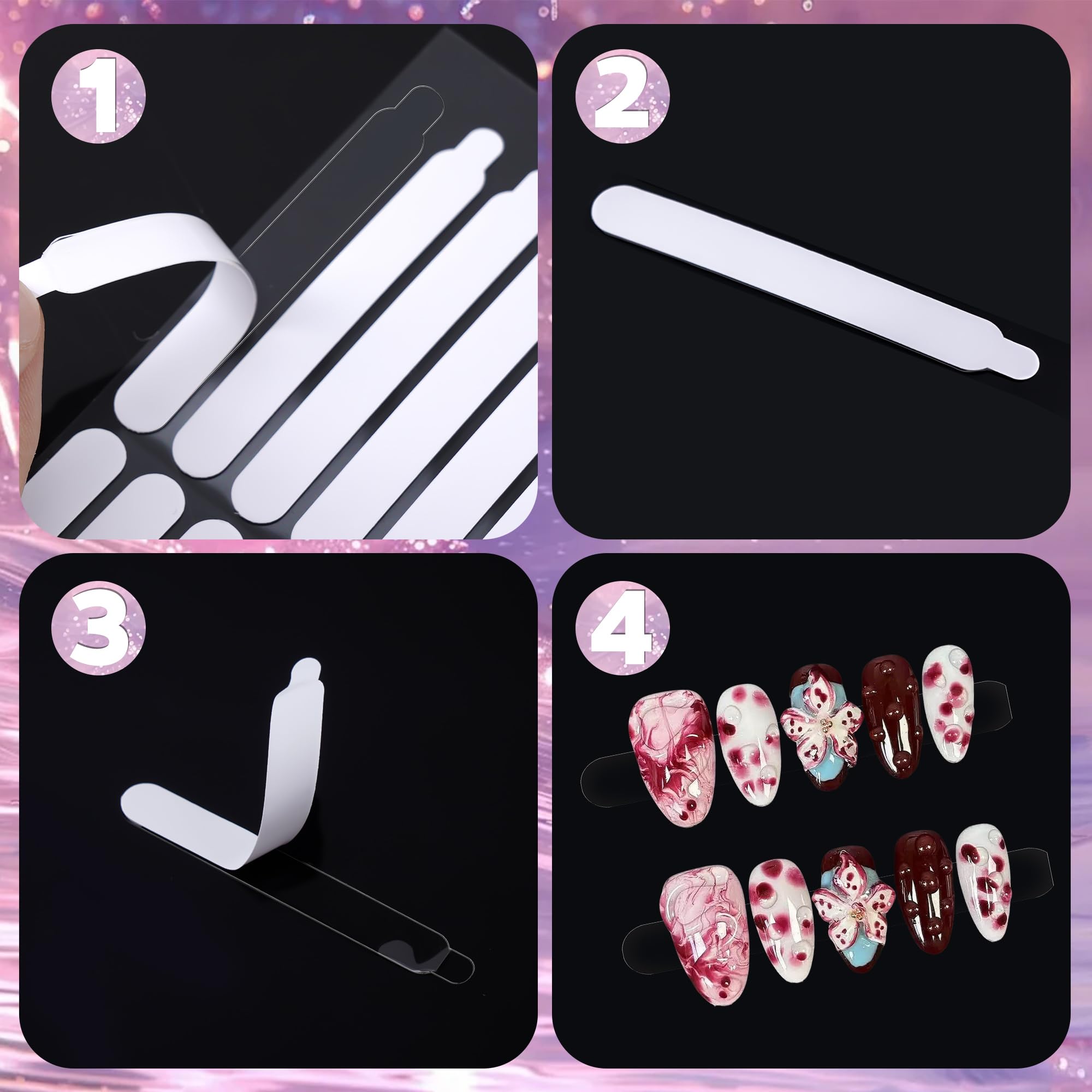 Five sheets of strong adhesive transparent jelly tape for press on nail storage packaging.