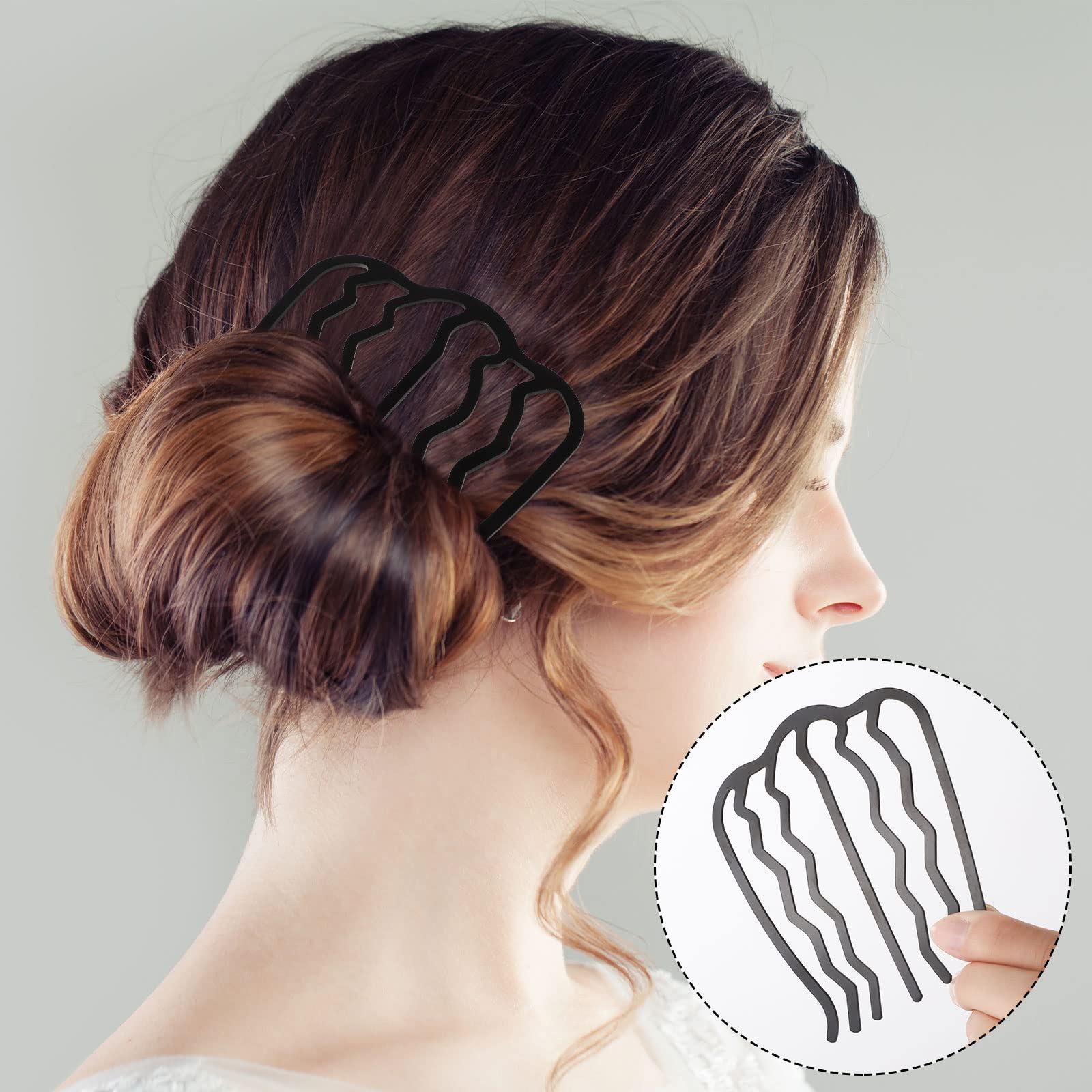 Besarme U-shaped hair pins arranged to display the three different styling sizes for women.