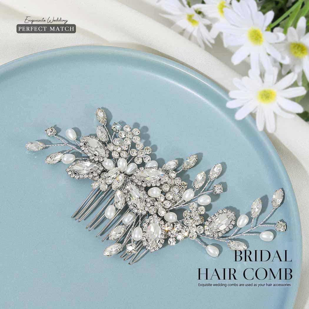 Side angle view of the silver bridal hair piece highlighting the secure metal comb attachment.