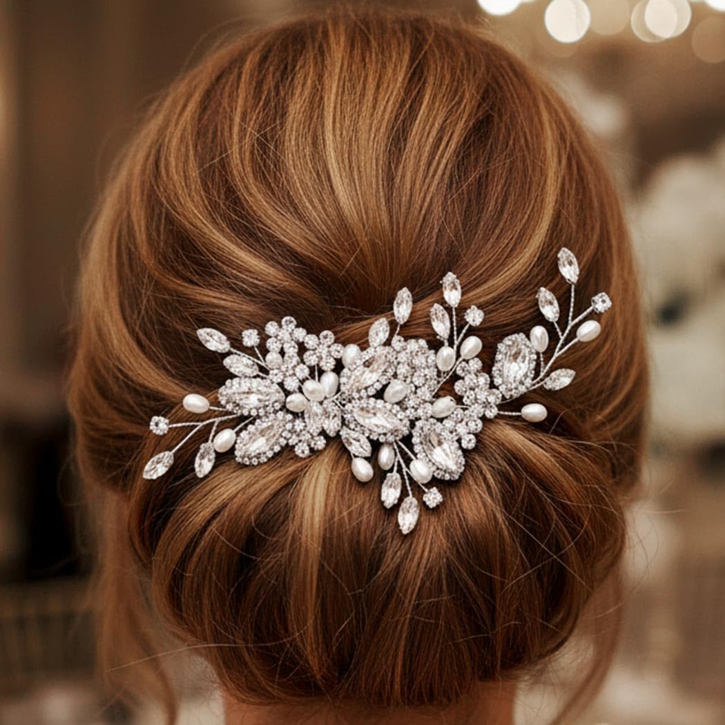 Close up view of the shimmering crystals and pearls on the Casdre wedding hair accessory.