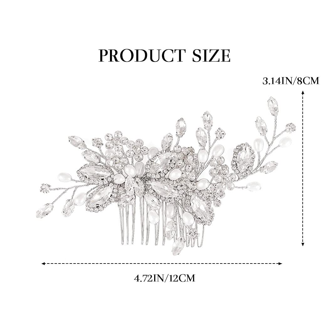 Detailed view of the pearl and rhinestone embellishments on the Casdre silver bridal headpiece.