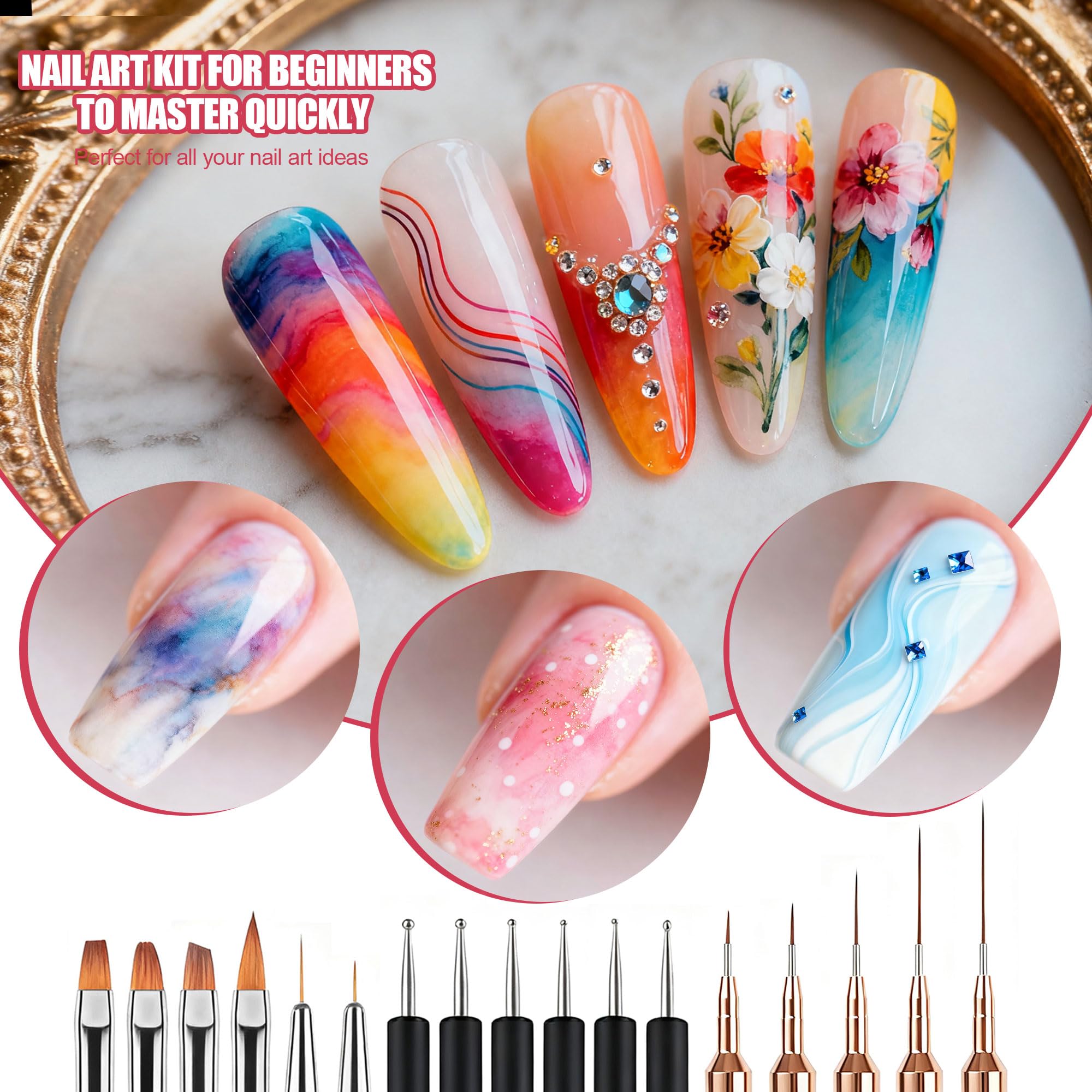 Detailed graphic demonstrating a fine line drawing design being executed on a gel manicured nail