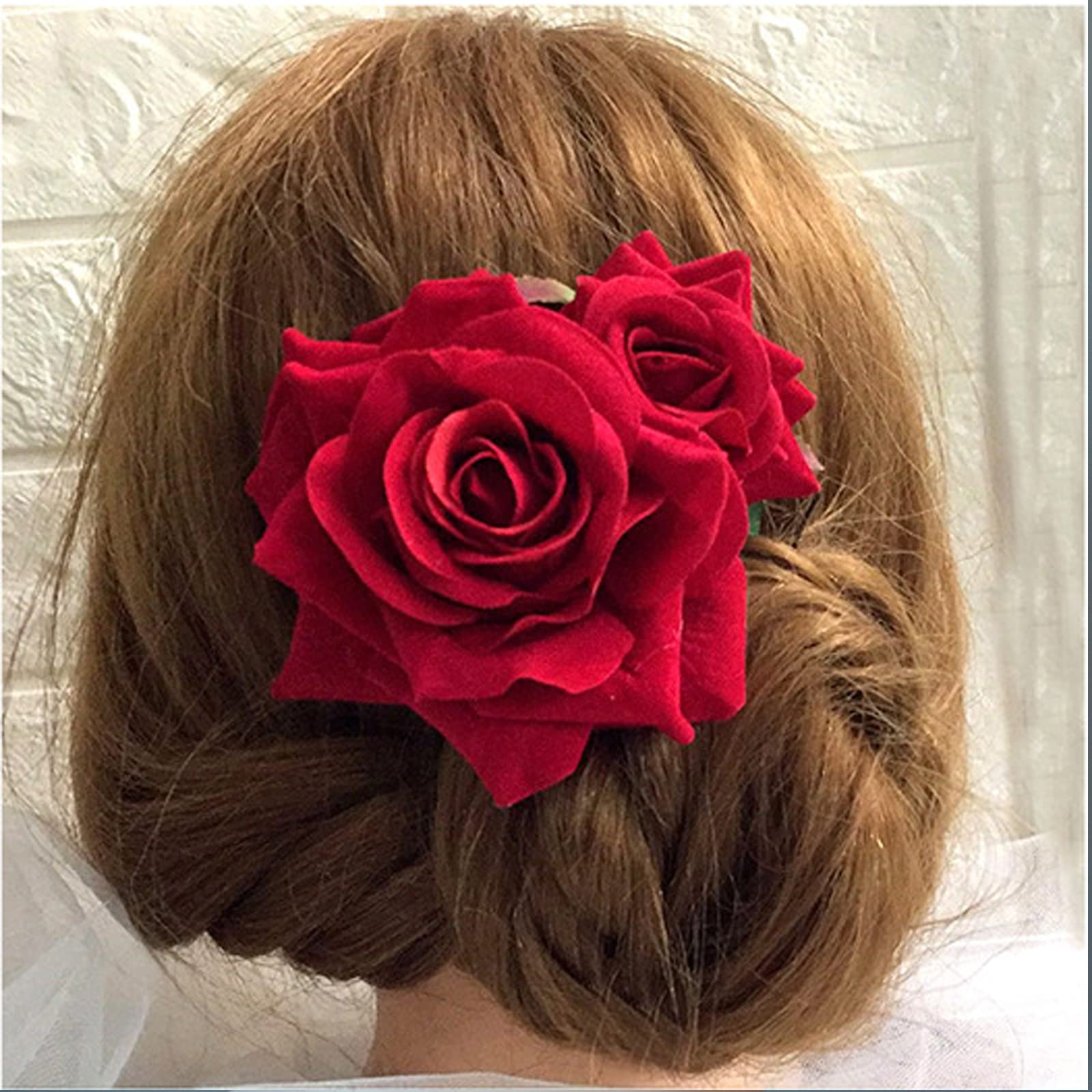 Red rose flower hair accessories for Indian wedding hairstyles side angle