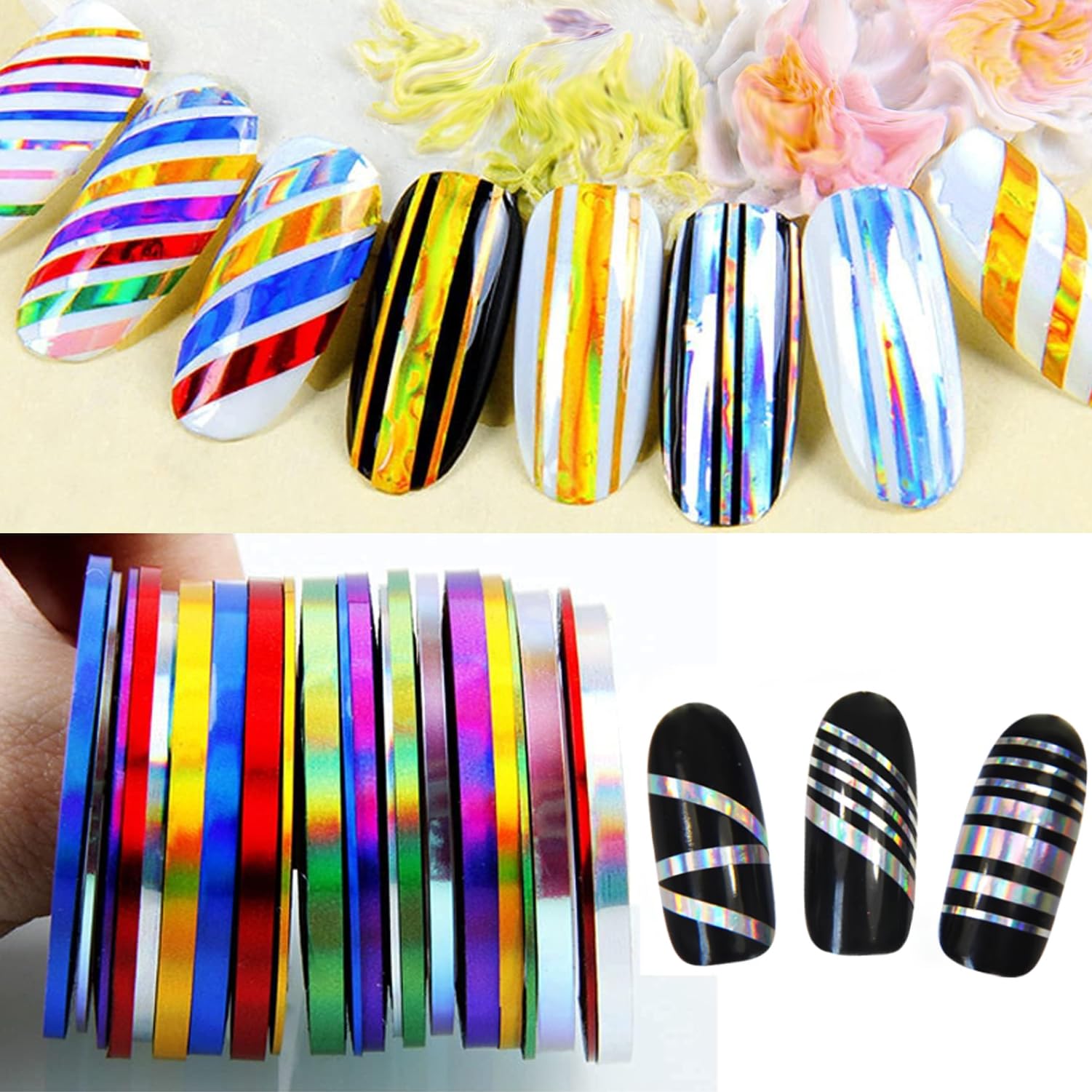 Close up of Vonrui nail striping tape rolls in various metallic colors