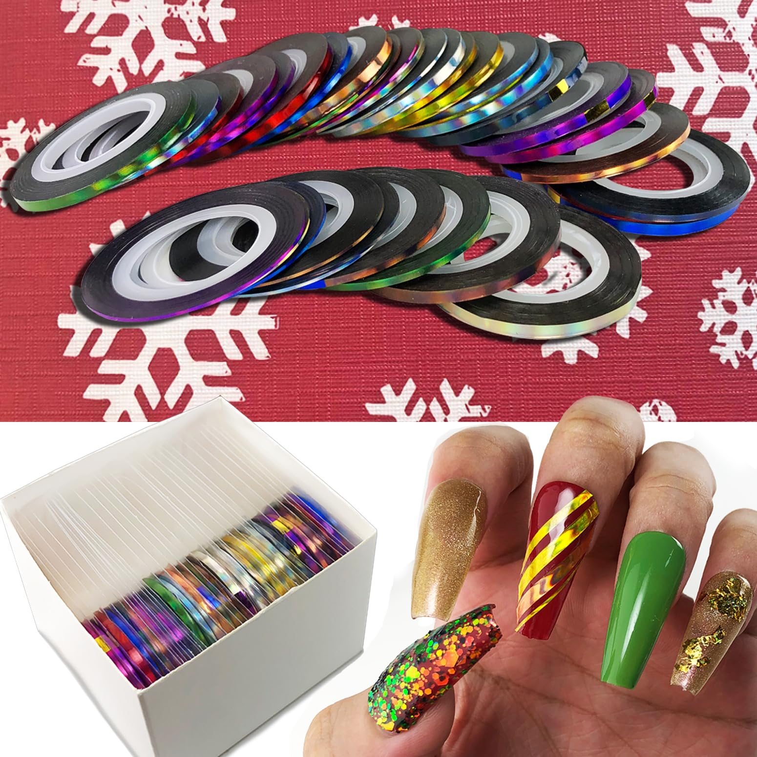 Example of geometric nail design created with holographic striping tape