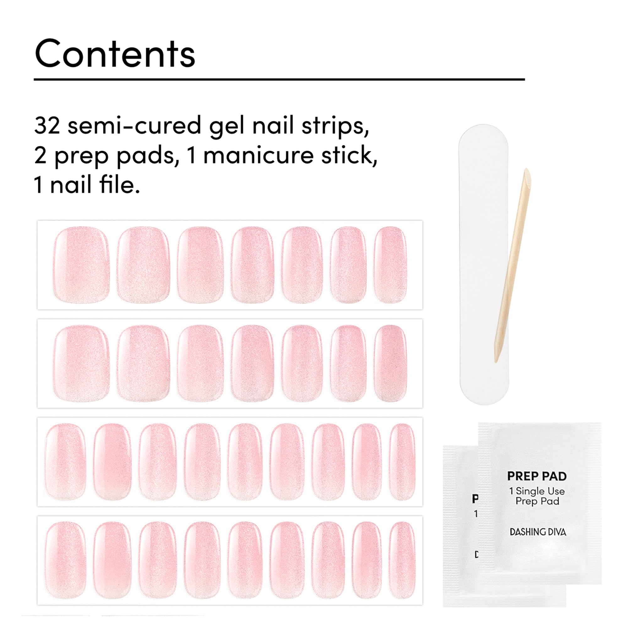 Close-up of the thirty-two piece gel nail strip kit for home manicures.