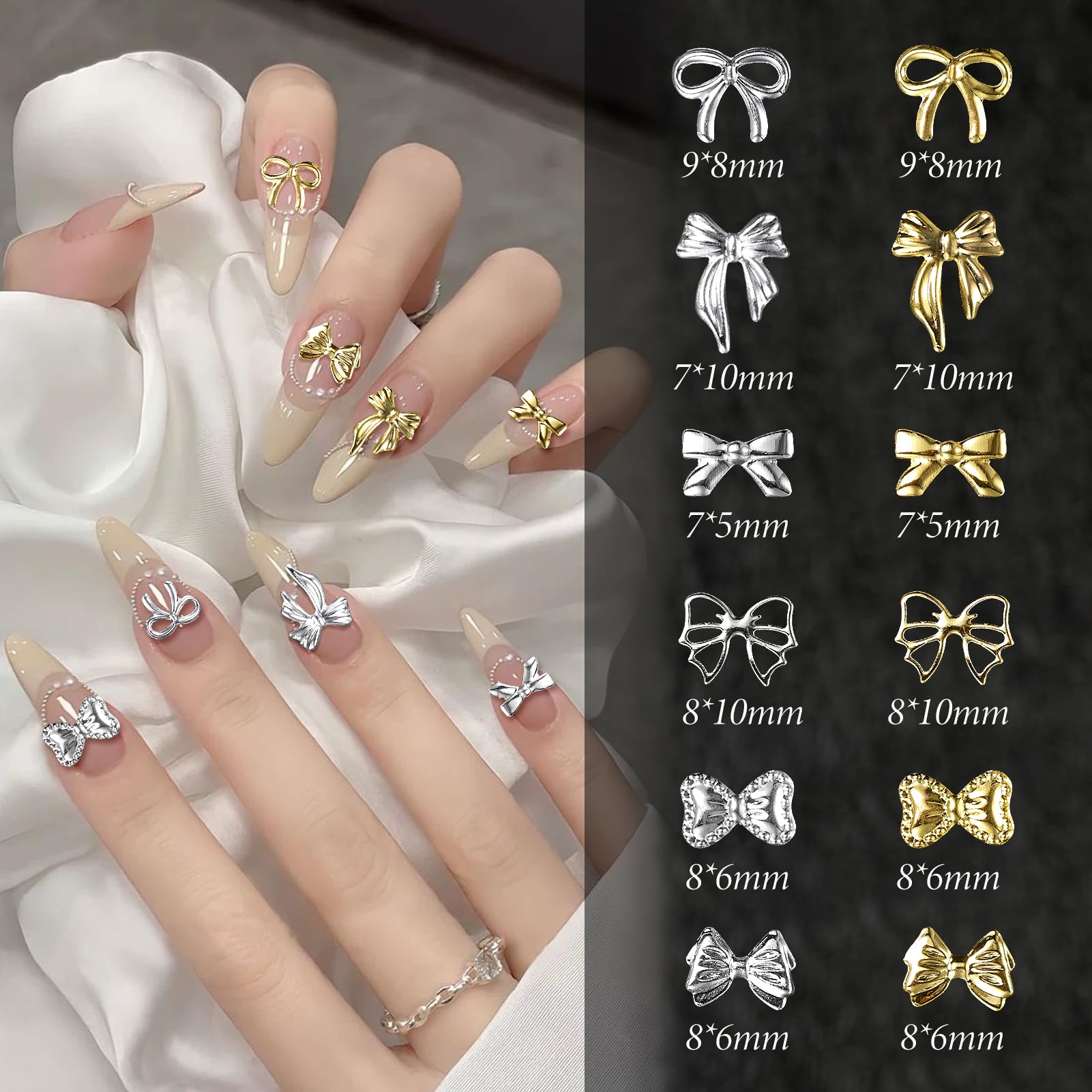 Close up of 3D gold metal bowknot studs on a sleek gel manicure.