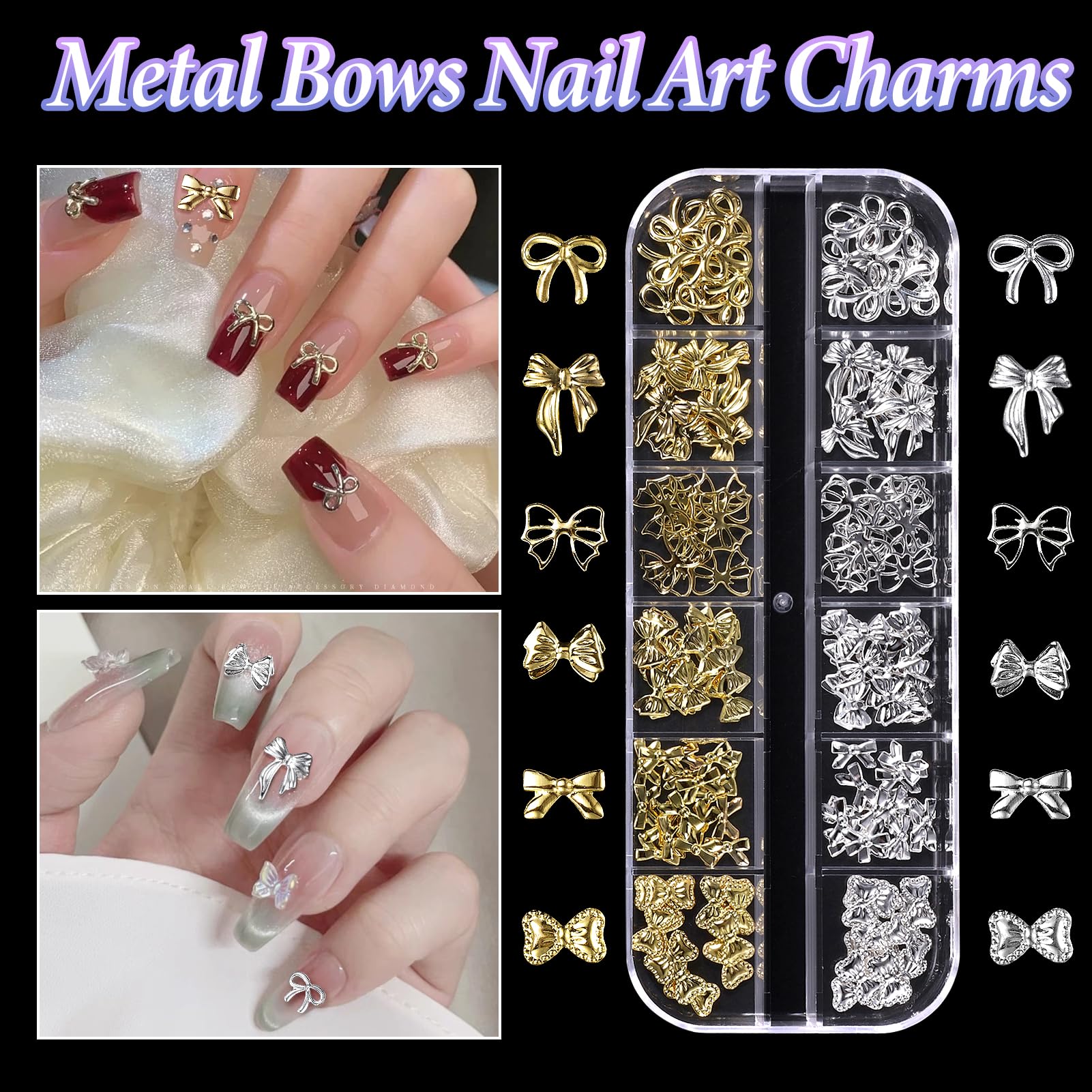 Premium silver alloy ribbon charms displayed on stylish Y2K acrylic nails.
