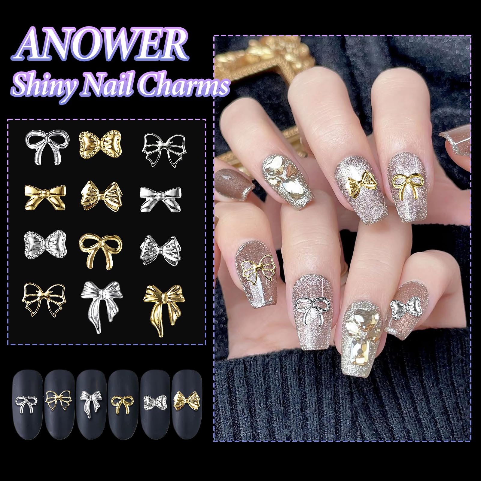 Different styles of mini bow tie nail art decorations arranged on a neutral background.