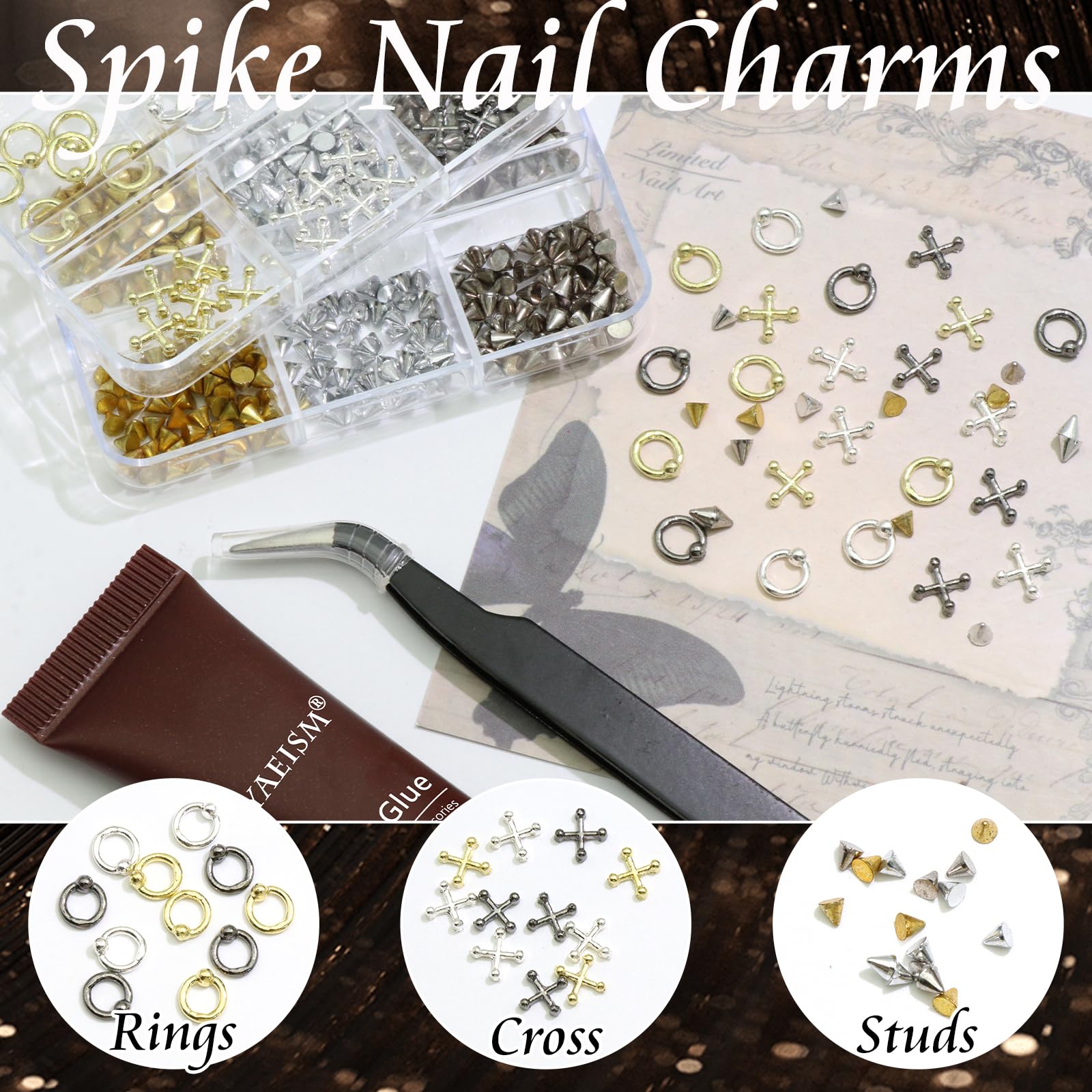 Close up look at vintage alloy cross nail charms and 3D cone spikes in silver black and grey.