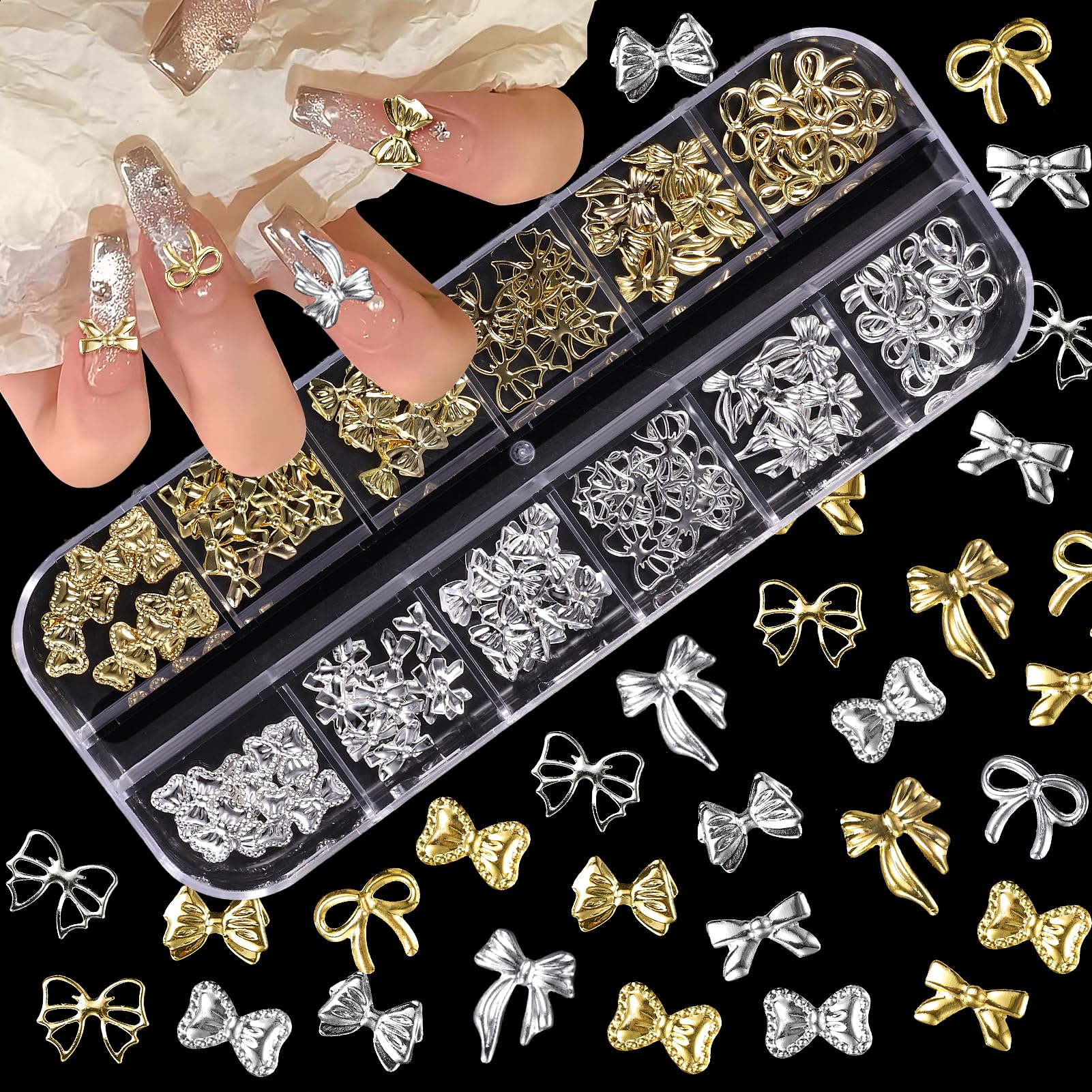Applying a small gold bow knot charm to a freshly polished nail using tweezers.