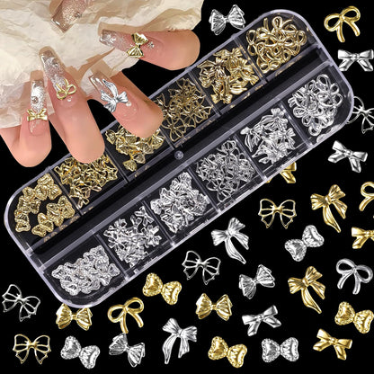 Applying a small gold bow knot charm to a freshly polished nail using tweezers.