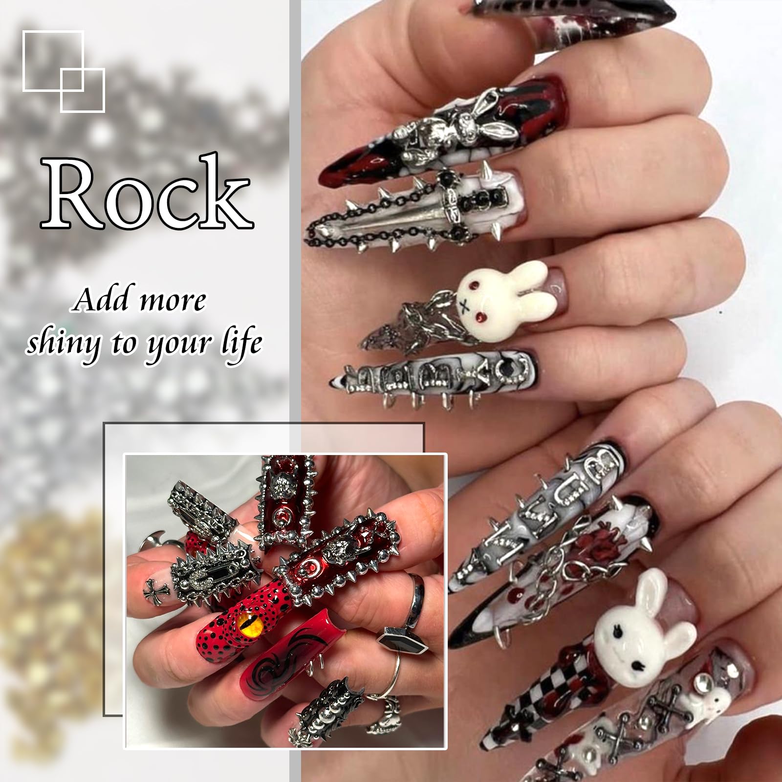 Fifteen milliliter tube of UV LED nail charm glue gel and precise metal tweezers included in the set.