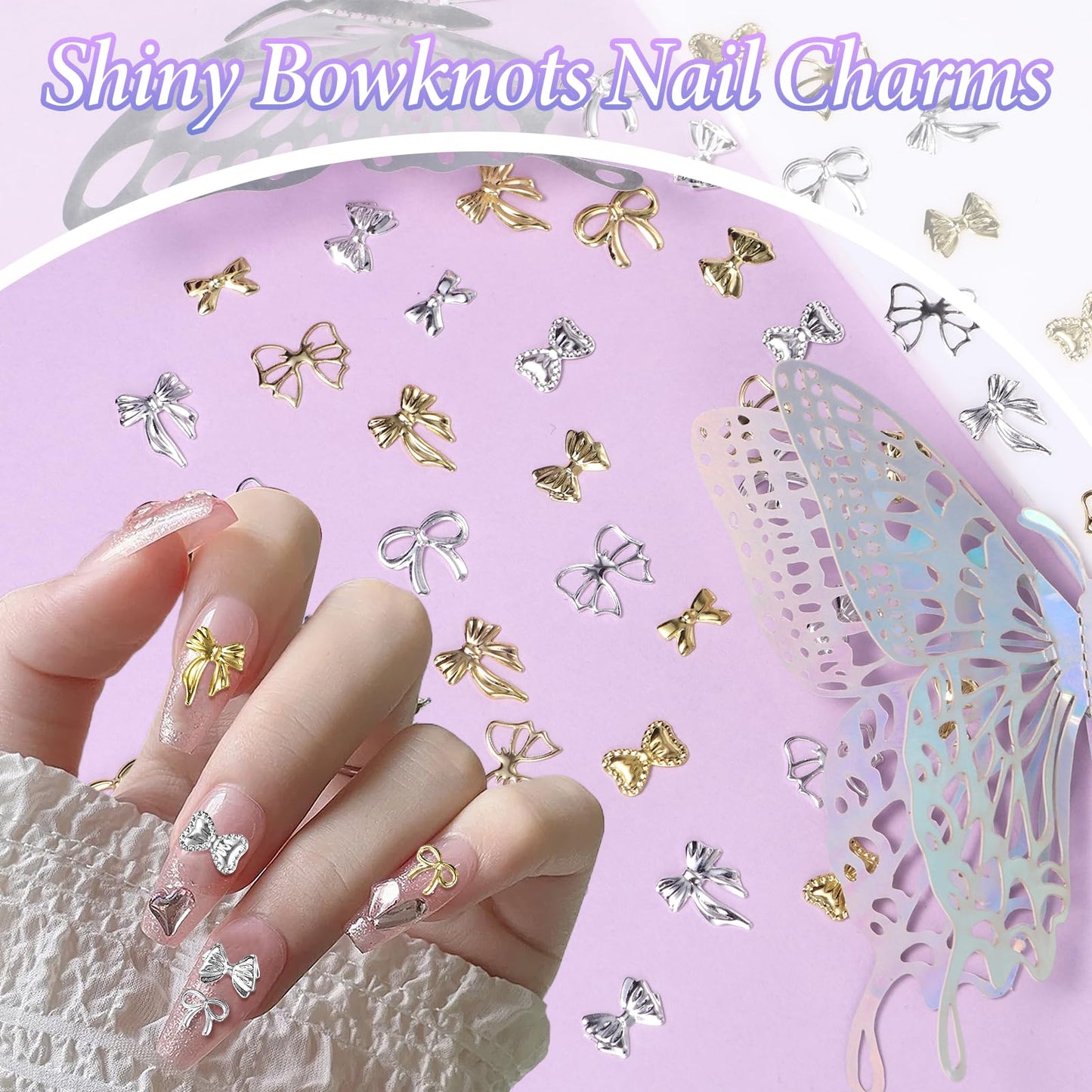 S.A.V.I metal bow nail accessories set showing the variety of 12 distinct ribbon patterns.
