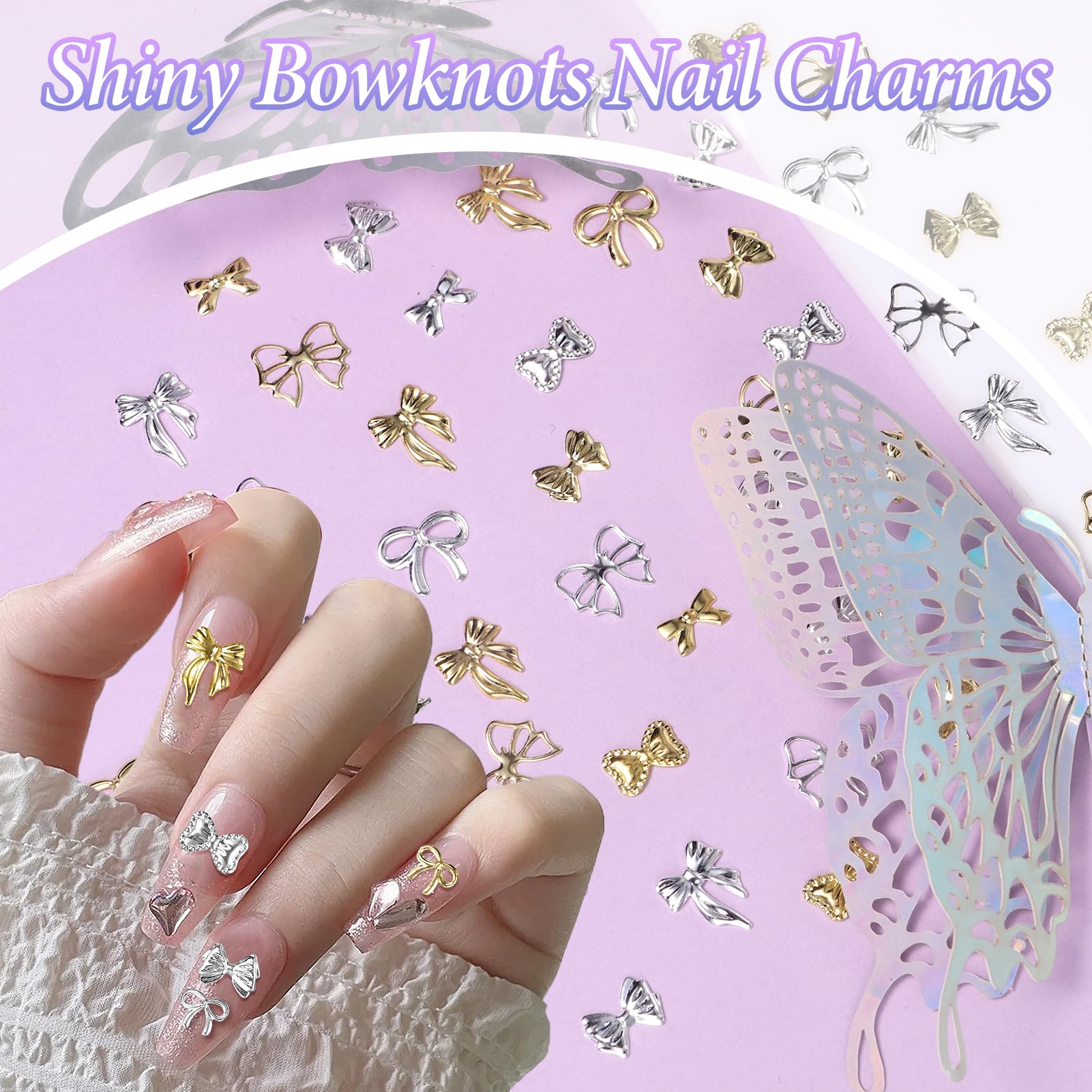 S.A.V.I metal bow nail accessories set showing the variety of 12 distinct ribbon patterns.