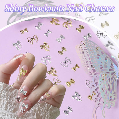 S.A.V.I metal bow nail accessories set showing the variety of 12 distinct ribbon patterns.