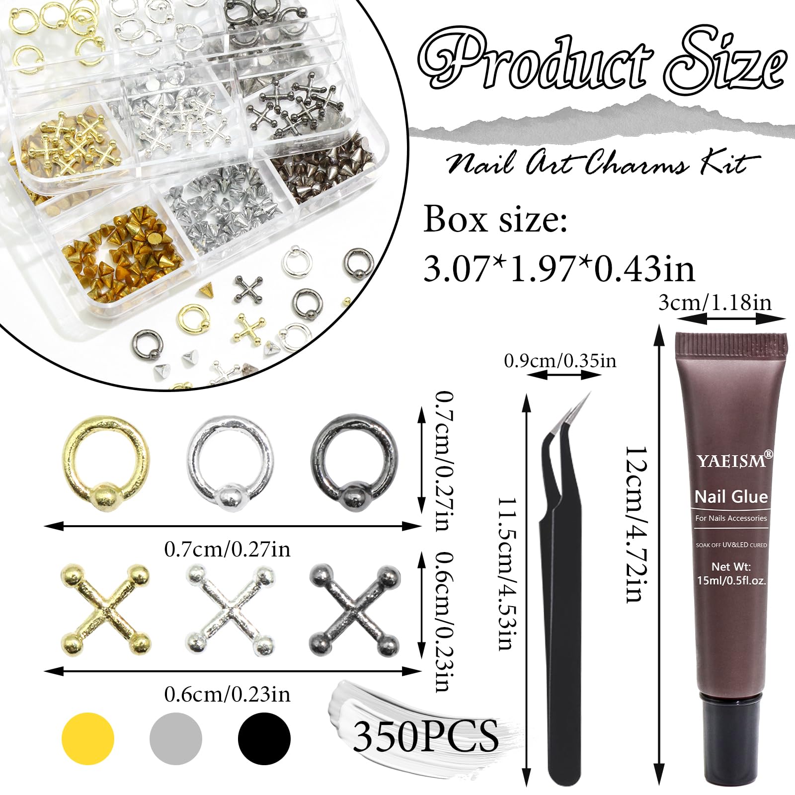Step by step application of gothic rivet studs on long acrylic nails using tweezers.