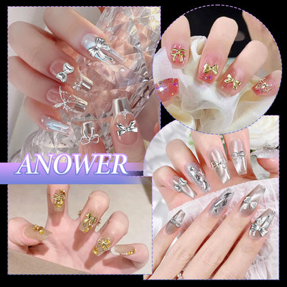 Trendy coquette style manicure inspiration featuring gold and silver mixed media nail art.