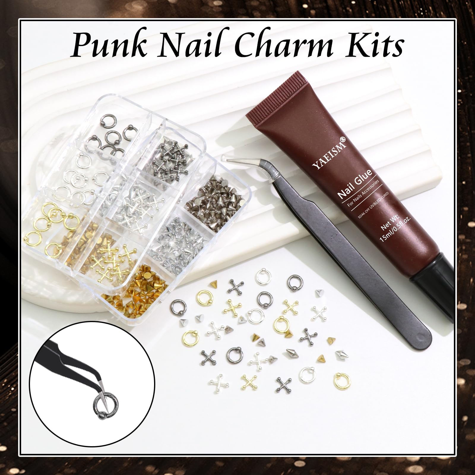 High fashion manicured hands featuring 3D vintage alloy spike designs and cross embellishments.