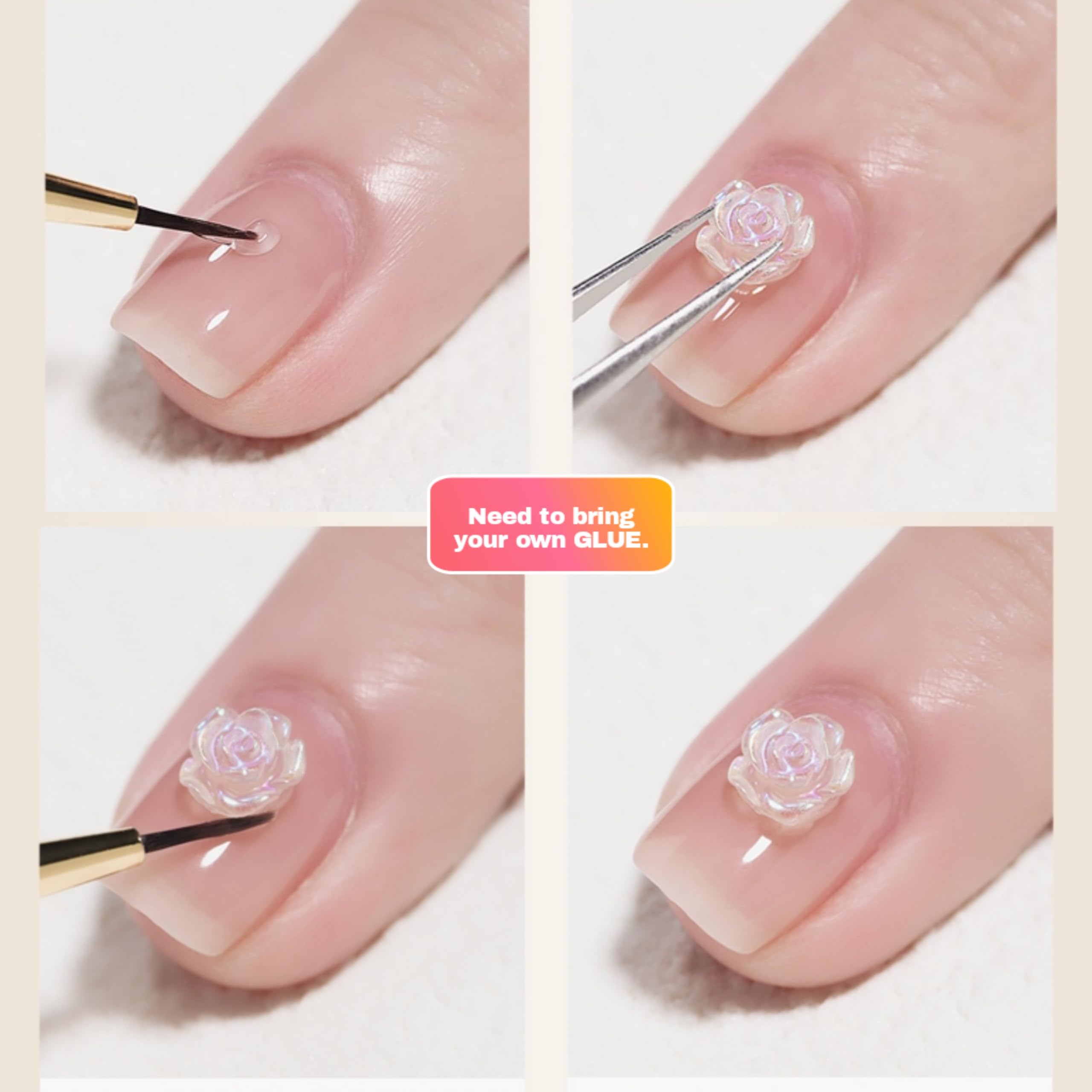 Close up view of 3D flat back camellia flower studs applied onto a salon style manicure.