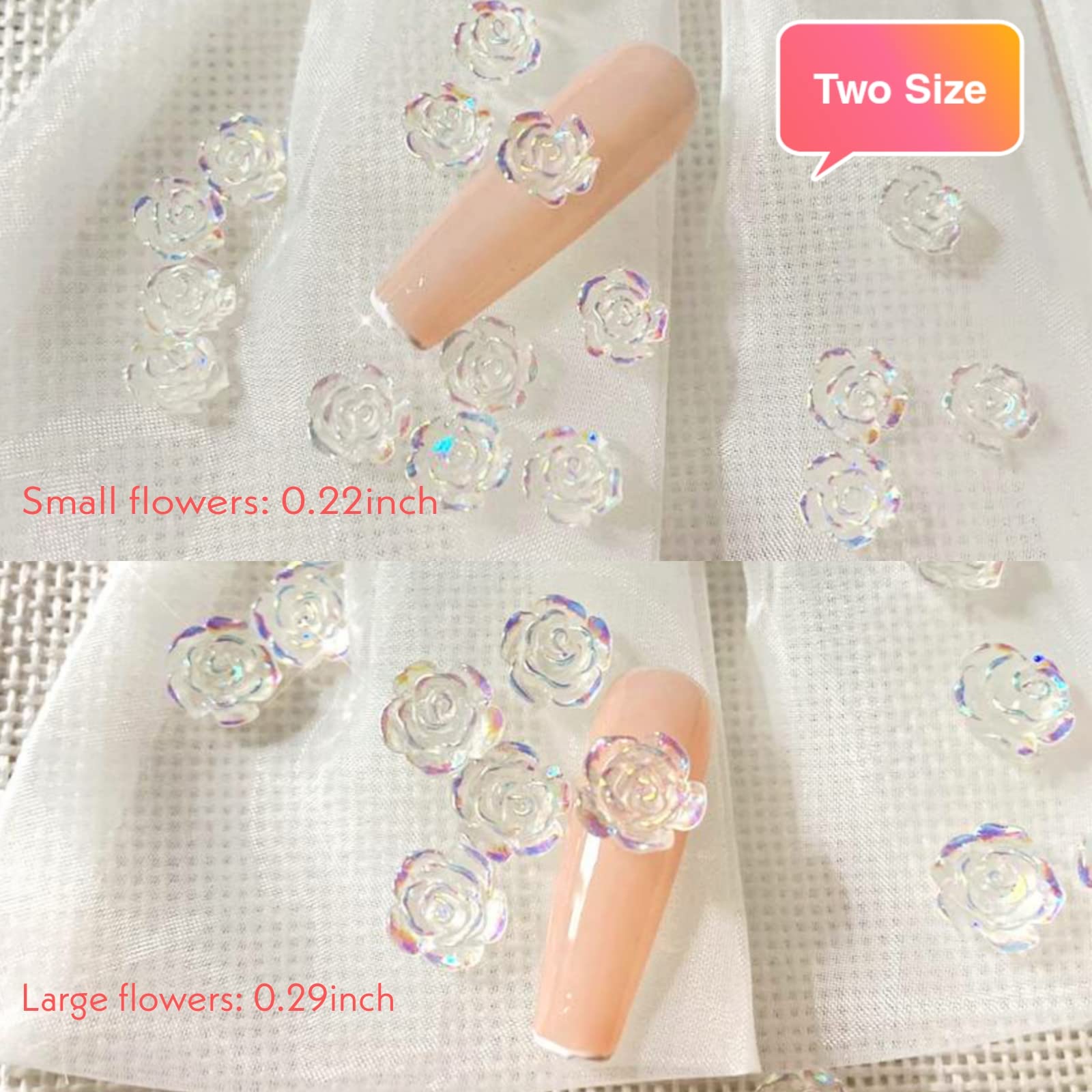 Premium resin floral nail charms highlighting the individual color coded organizational caps.
