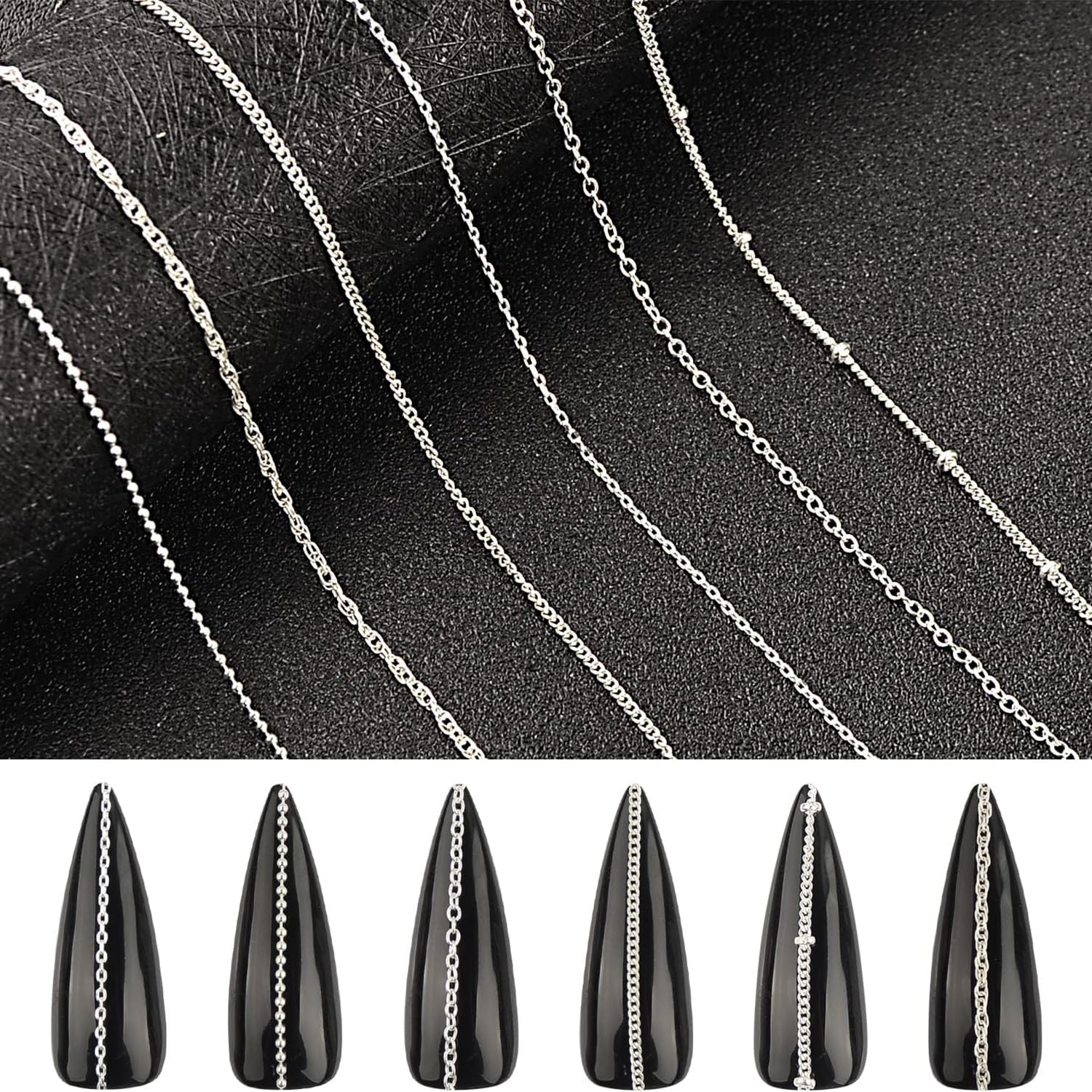 Close up view of lightweight metallic silver chain trims for 3D nail art decoration