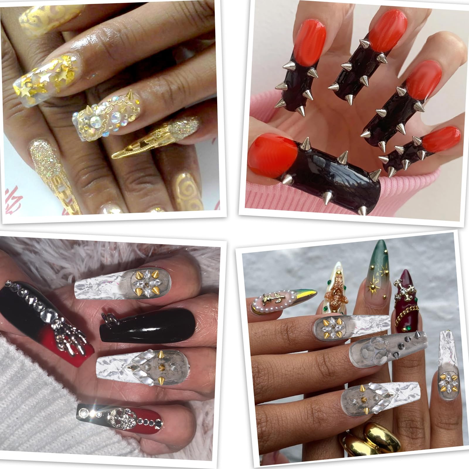 Close up of tapered spike nail art studs