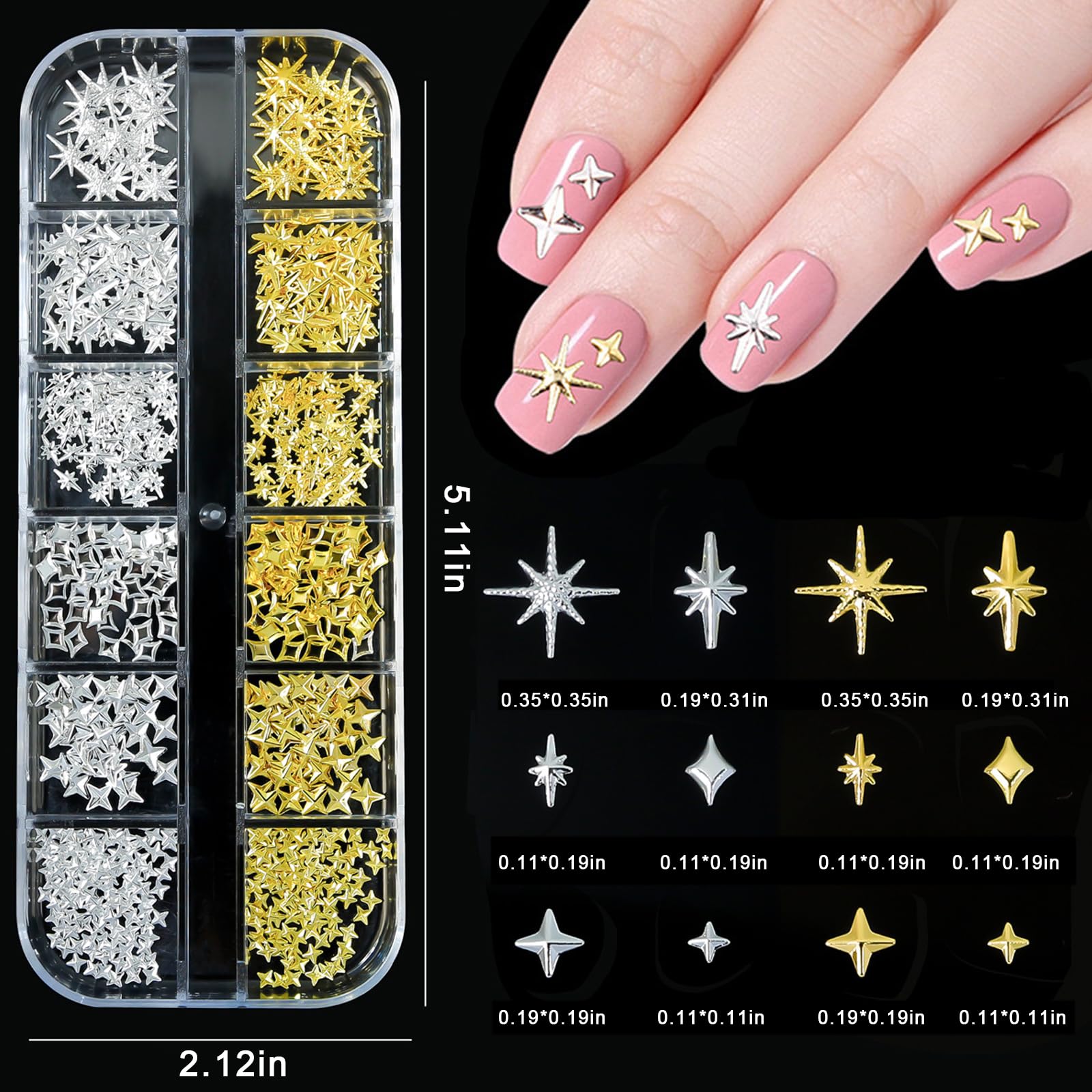 Close up of gold and silver moon and star nail studs