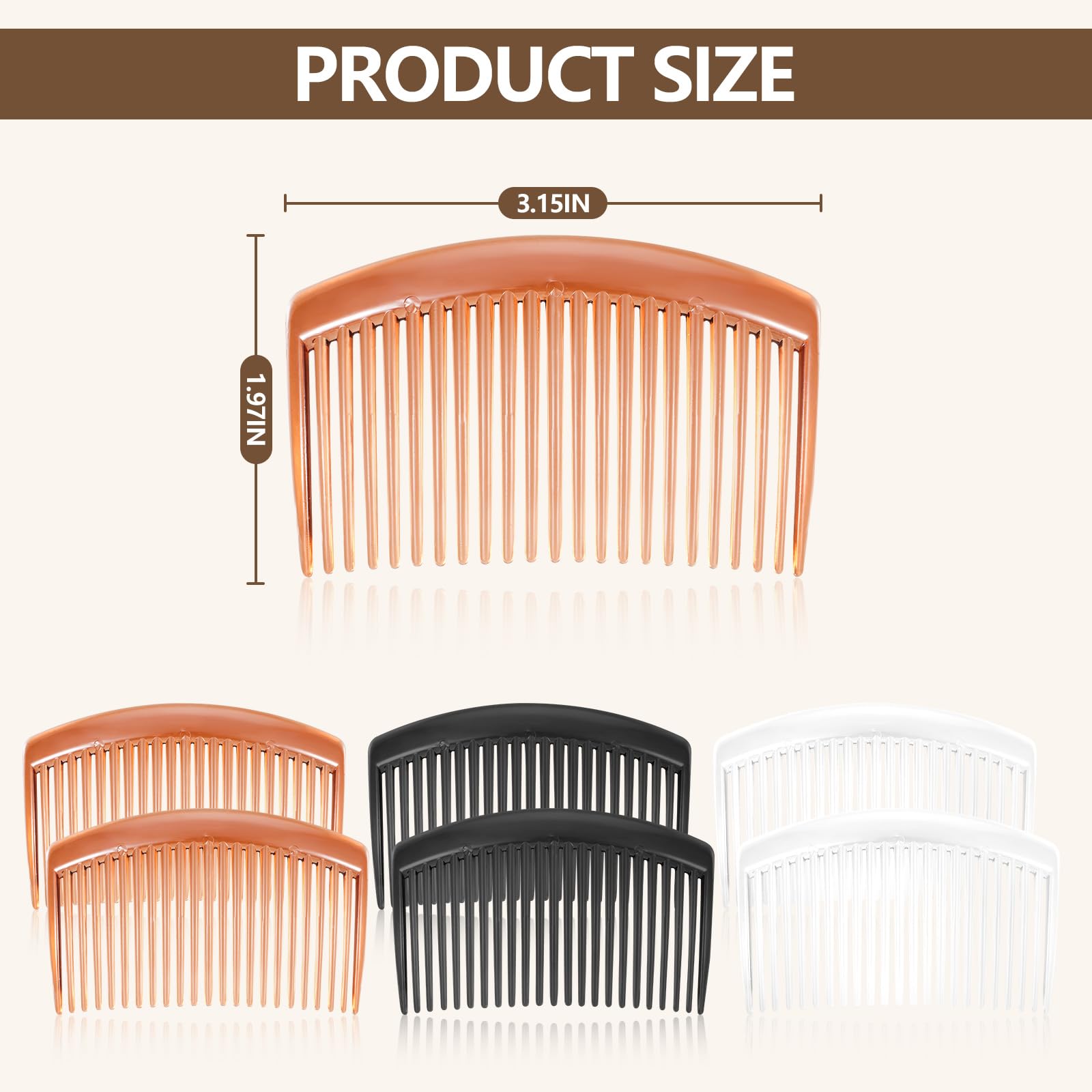 Close up of the twenty three tooth plastic side combs in black, brown, and clear variations.