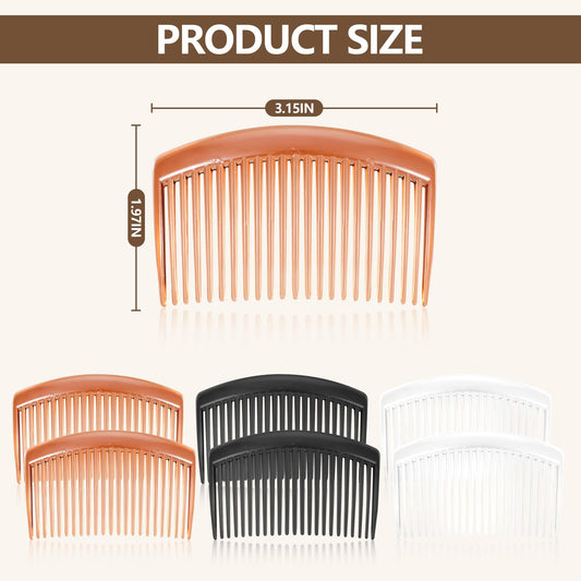 Close up of the twenty three tooth plastic side combs in black, brown, and clear variations.