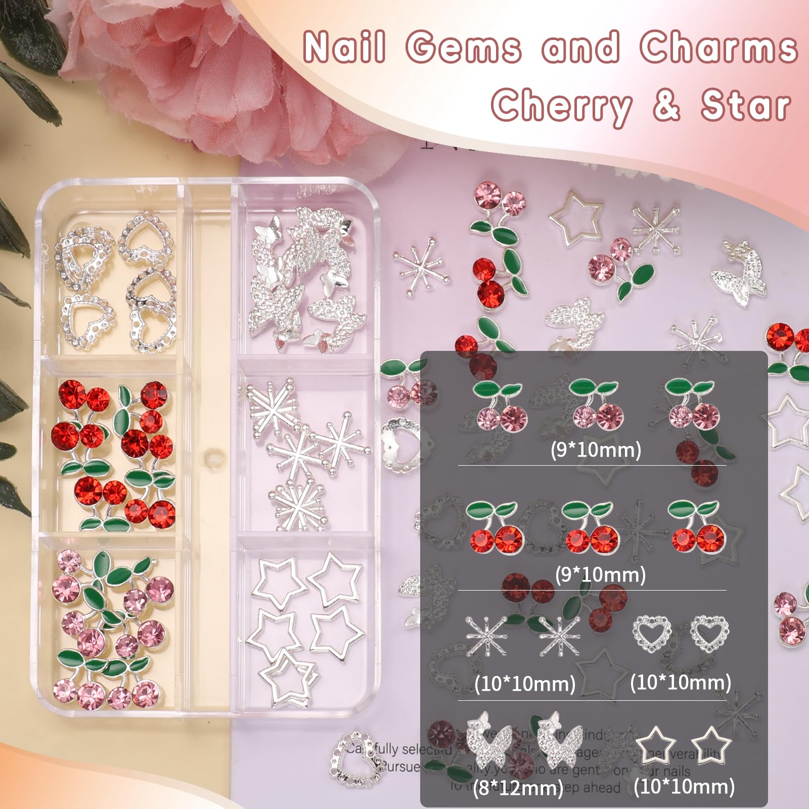 Close up of 3D silver butterfly and star nail art charms