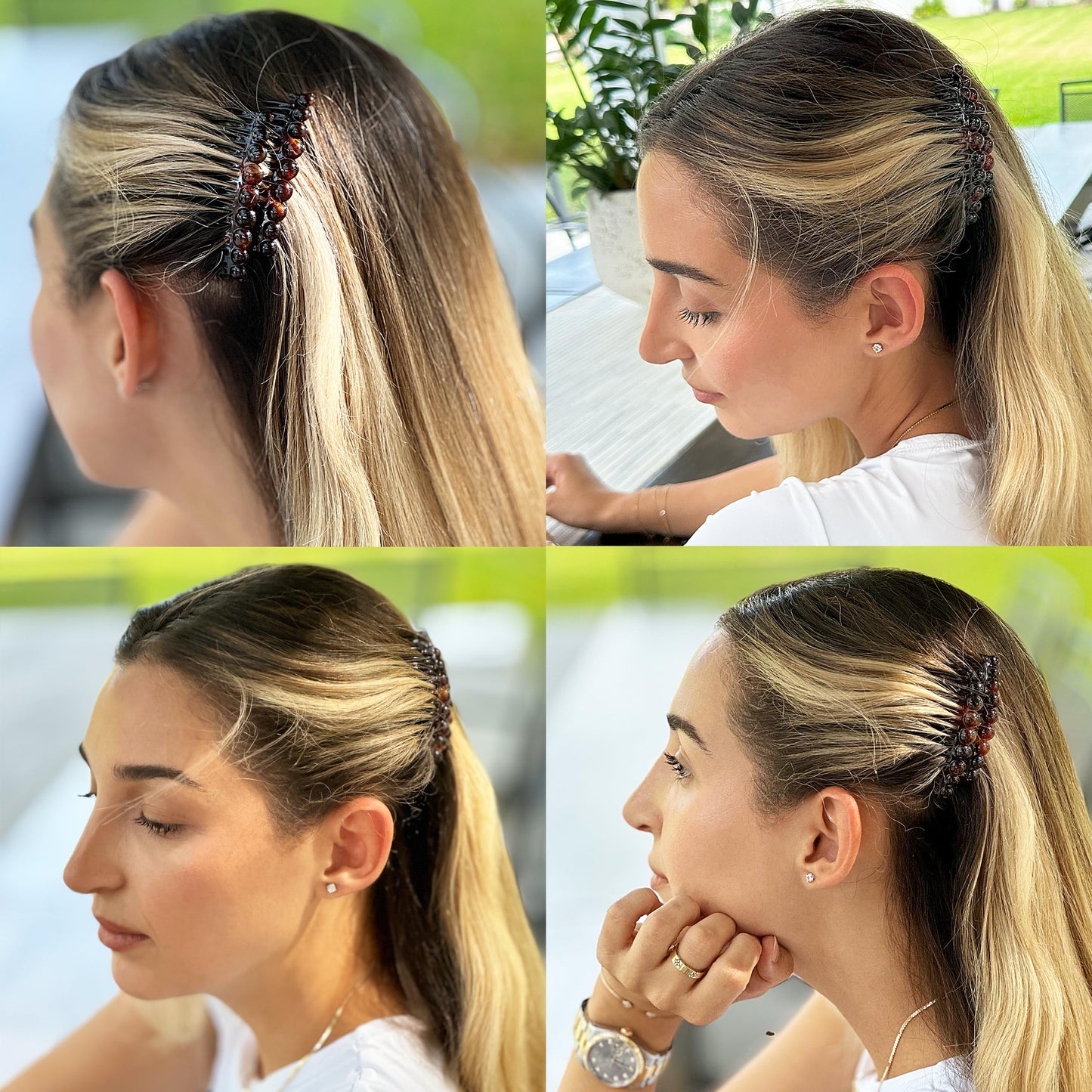 Camila Paris tortoise shell side combs showing cellulose material