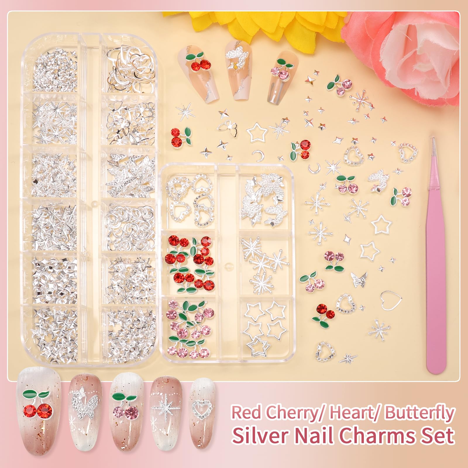 Multi shape nail art charms in organized 12-grid box