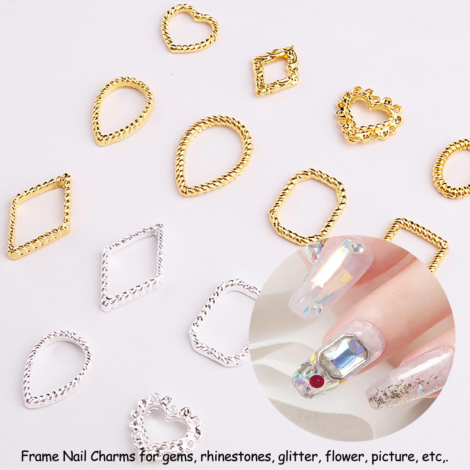 Close up of 3D hollow out frame nail jewels in heart oval square and diamond shapes for DIY manicures