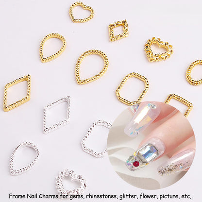 Close up of 3D hollow out frame nail jewels in heart oval square and diamond shapes for DIY manicures