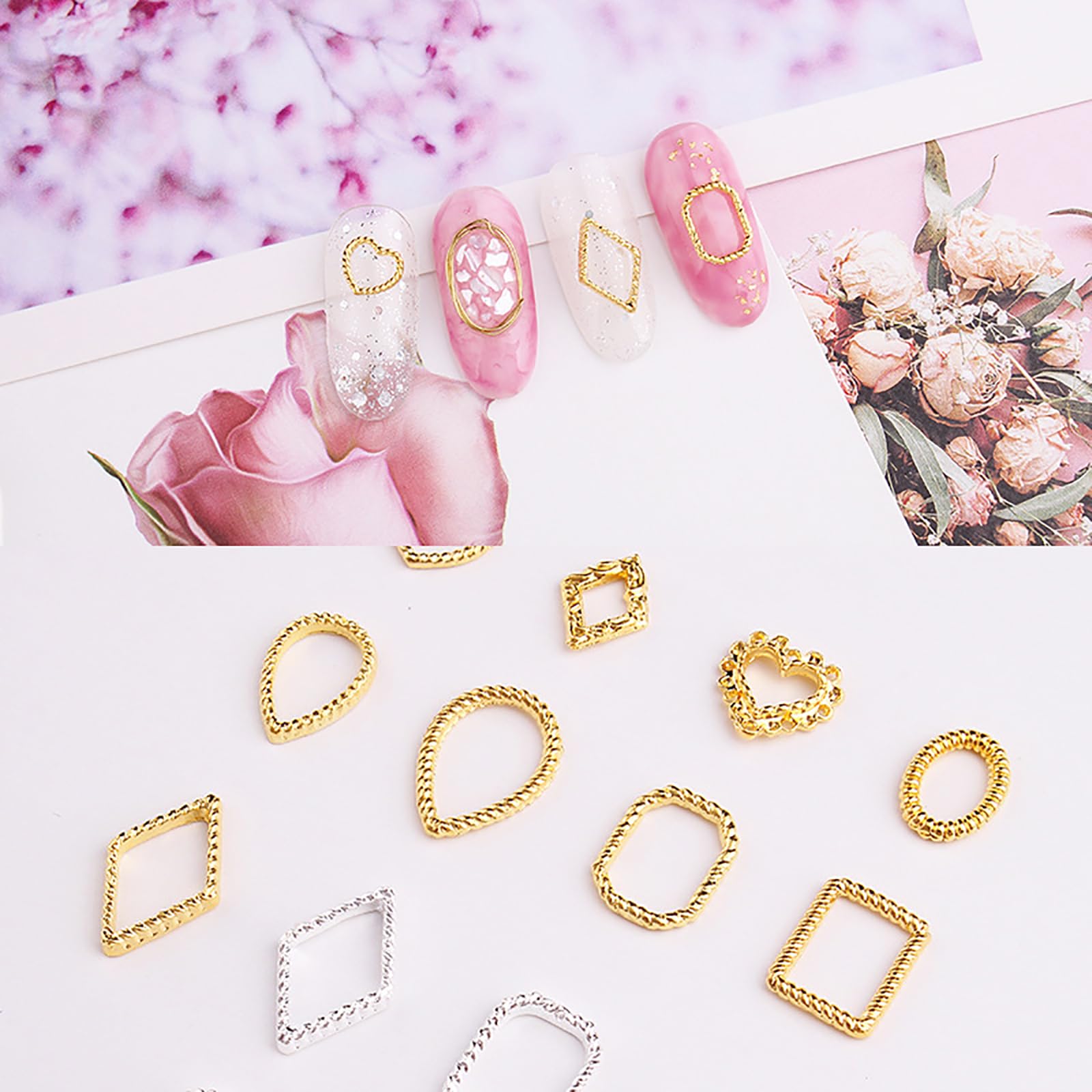 Premium metallic punk style nail art charms in gold and silver finish organized on a clean background