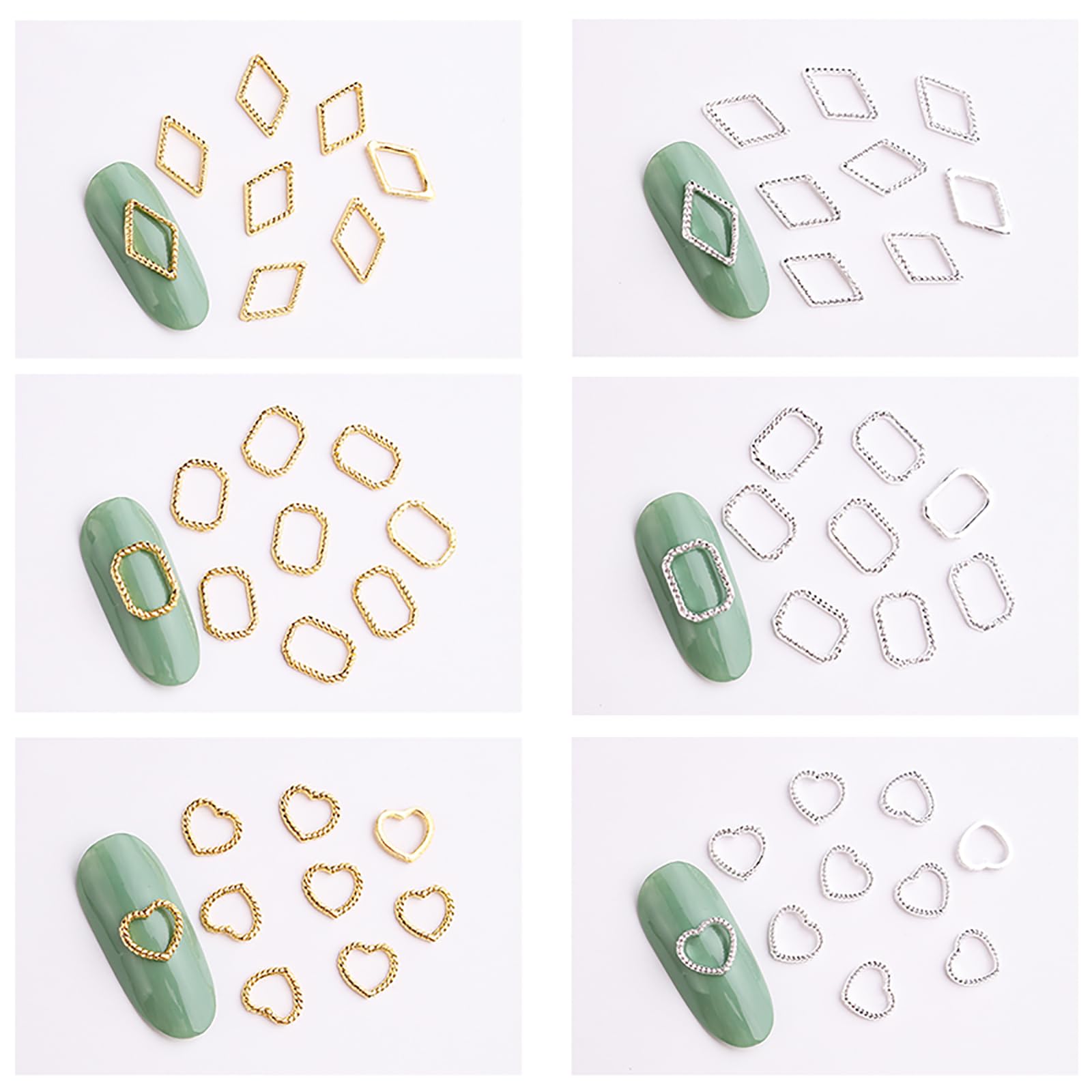 Detailed view of individual silver and gold geometric frame charms for luxury salon manicure decoration