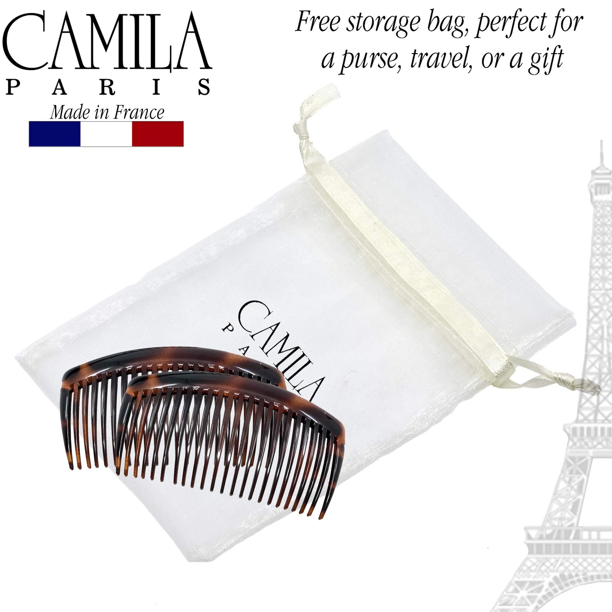 Side profile of Camila Paris large curved hair comb