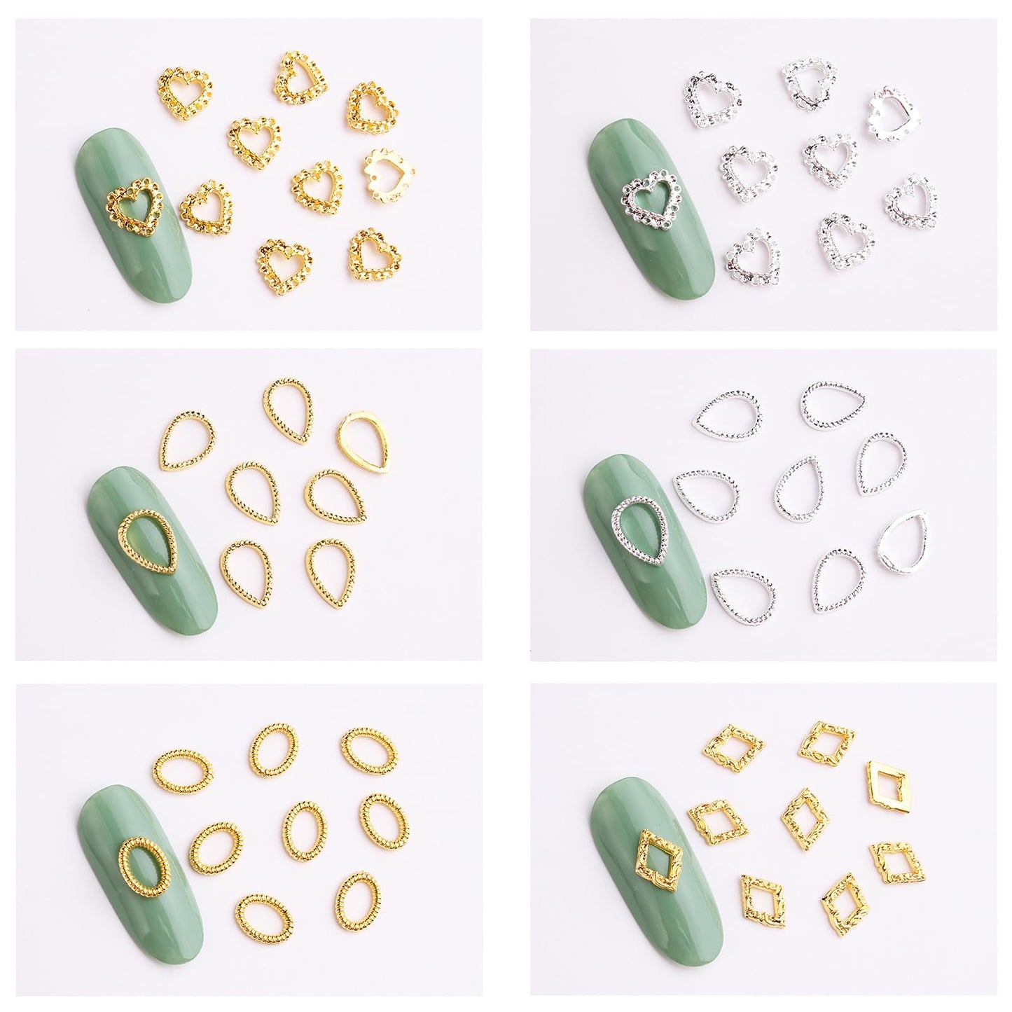 HYWWPFLAY 110 pieces package containing diverse shapes of aesthetic metal studs for crafting and nail art