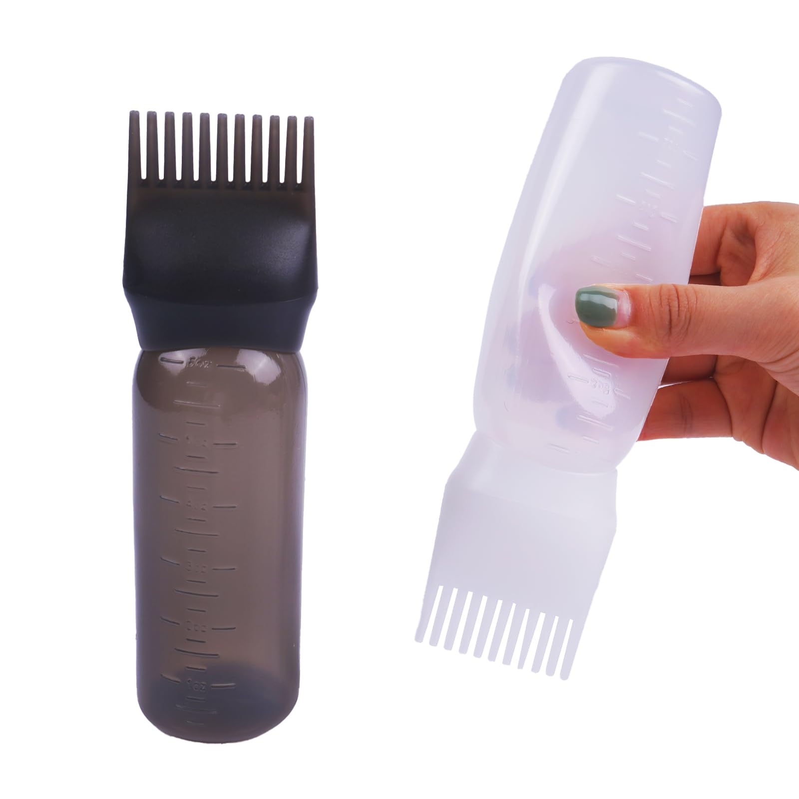 Squeezable hair oil applicator bottle with clear graduated scale markings