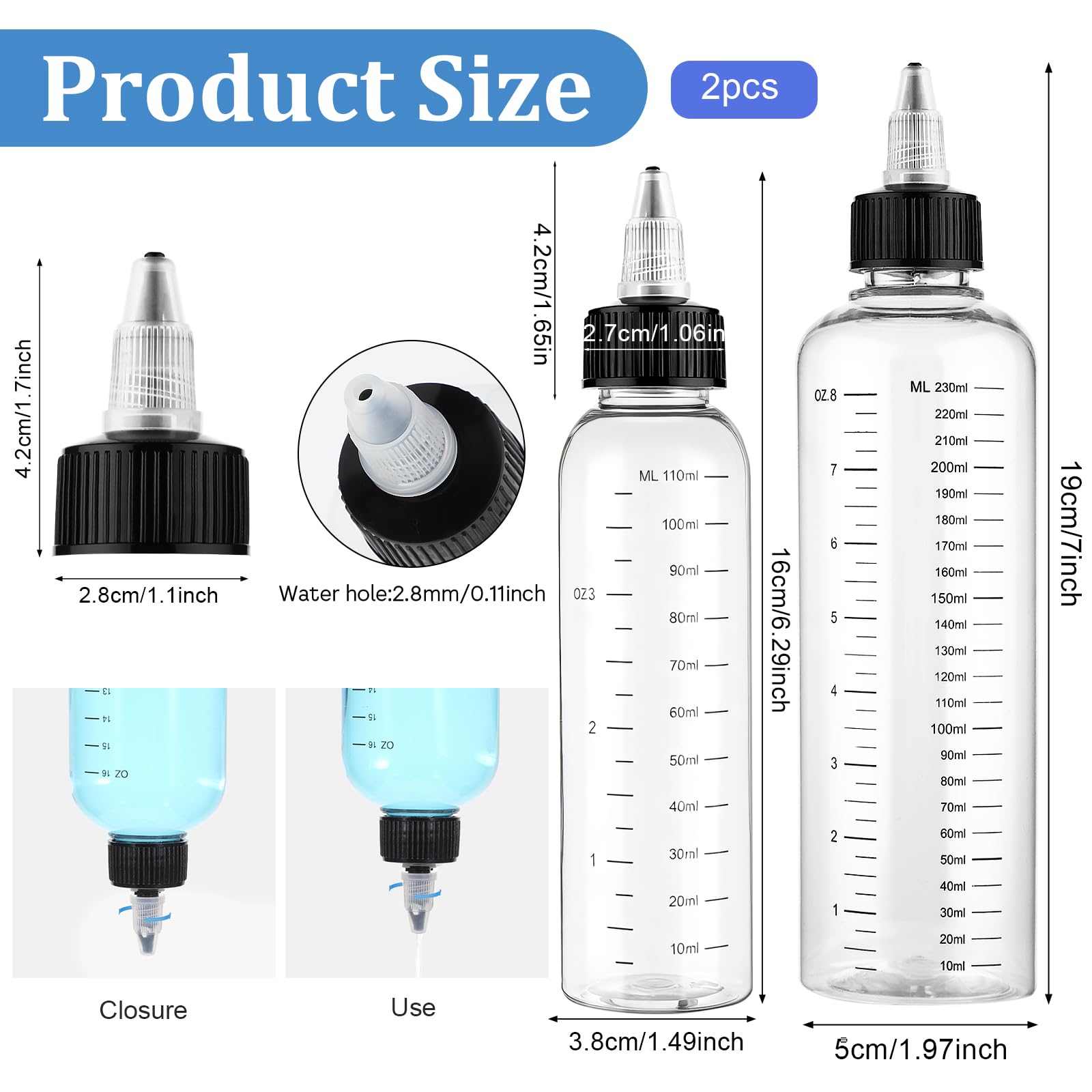 SynHHergyx clear hair oil dispenser bottles displaying the precise dual ounce and milliliter graduated scale markings.