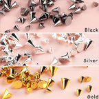 Close up of gold and silver cone nail studs