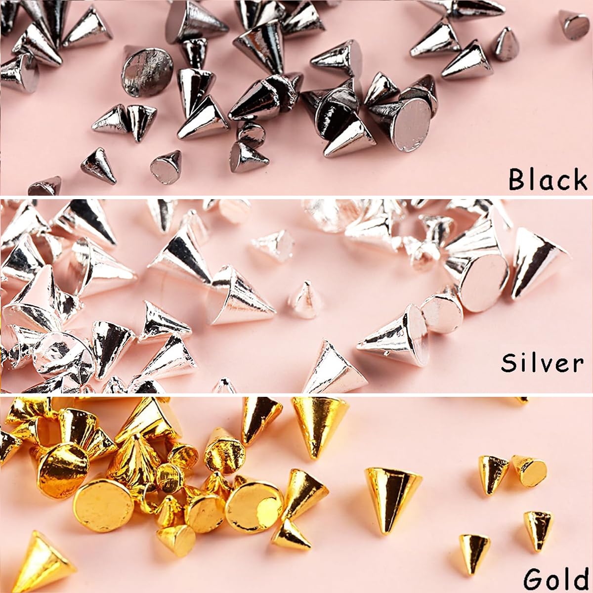 Close up view of gold silver and black alloy spike studs arranged by size for acrylic nail decoration.