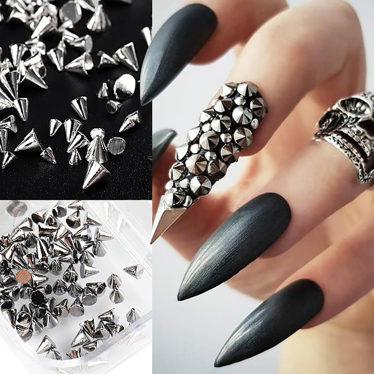 Twelve compartment organizer box filled with gold and silver metallic cone-shaped nail art accessories.