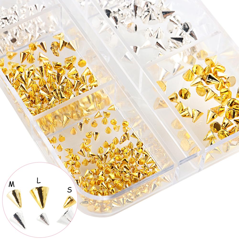 Detailed shot of rock style metal spike charms applied neatly on long acrylic extensions.