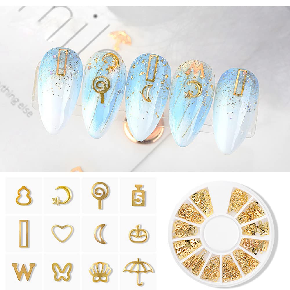 Closer view of heart star moon and sea creature gold metallic rivets for acrylic nails